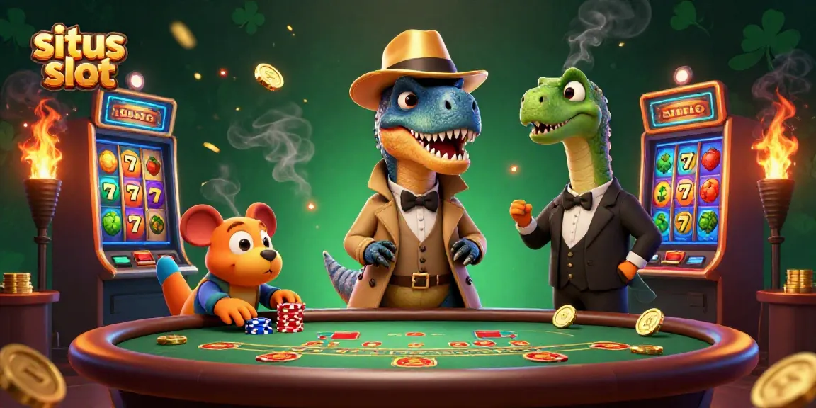 Memainkan situs slot dengan velociraptor dan stegosaurus di meja kasino, penuh dengan elemen slot.