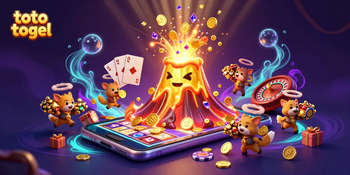 Engage with toto togel in this vibrant 3D illustration showcasing festive gameplay and thrilling treasures erupting from a golden volcano.