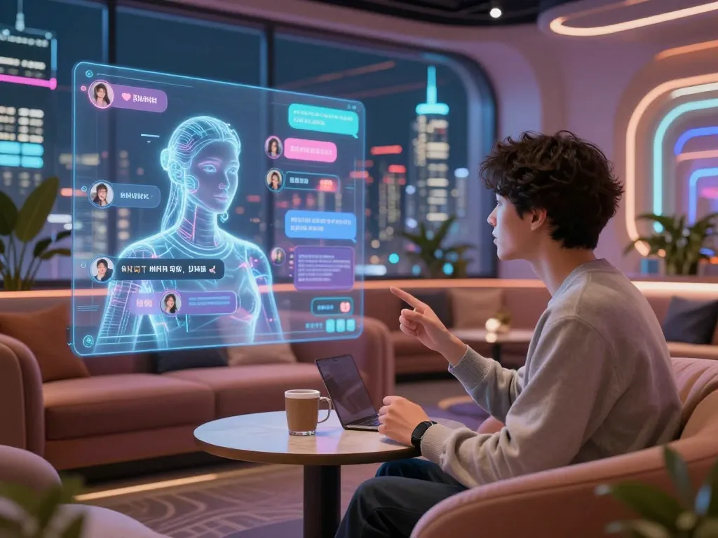 Realistic NSFW AI interaction in a vibrant lounge with holographic character