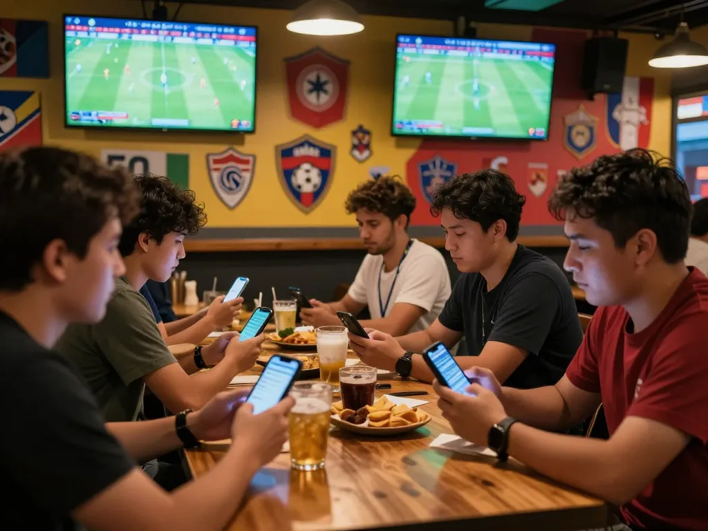 Fans excitedly placing bets online while watching trực tiếp bóng đá hôm nay in a vibrant sports bar.