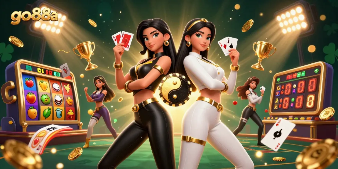 Experience thrilling wins with go88a as stunning twin Asian women showcase their gambling skills with sophisticated cards and striking outfits.