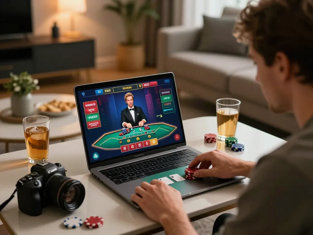 Player engaging in live blackjack on sunwin platform, showcasing responsible online gambling setup with snacks and drinks