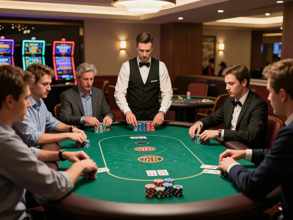 Players strategizing and placing bets in an exciting 988slot poker game at a modern casino.