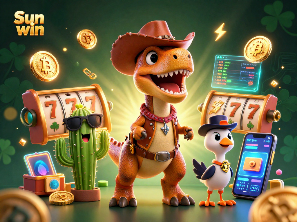 Join the thrilling action at Sun win, featuring a cowboy dinosaur and neon casino elements.