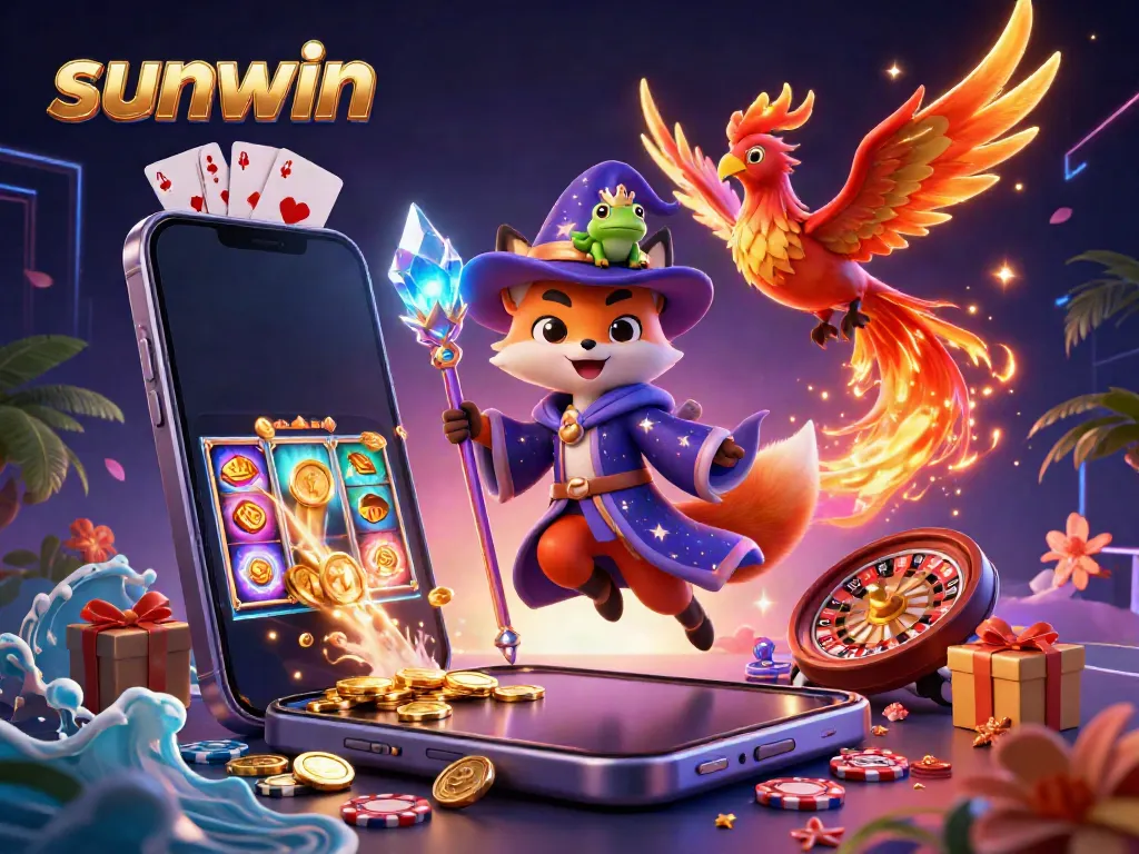 Experience the magic of sunwin with a 3D wizard fox, phoenix, and enchanting casino elements.