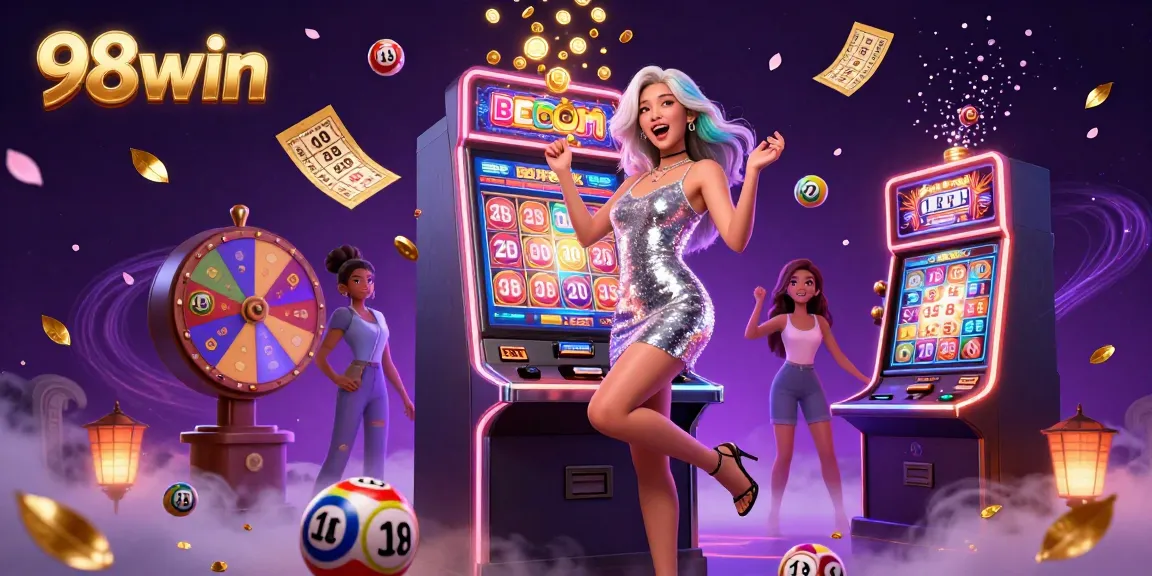 Experience the excitement of 98win with a dazzling slot machine jackpot celebration and vibrant casino elements.