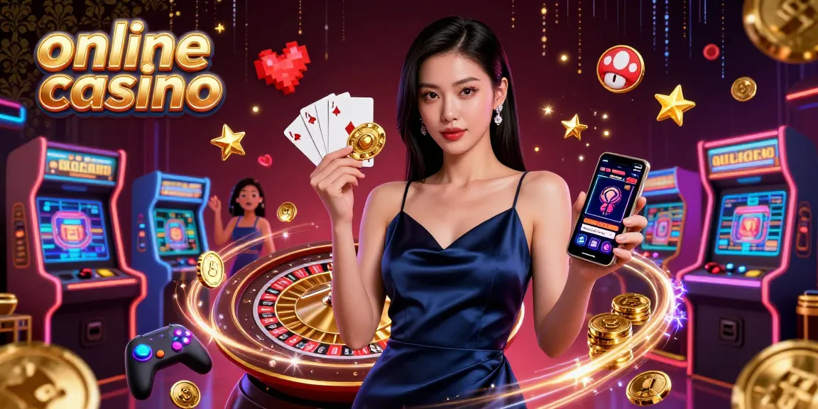 Experience online casino excitement with a sophisticated Asian woman holding a golden chip and smartphone.