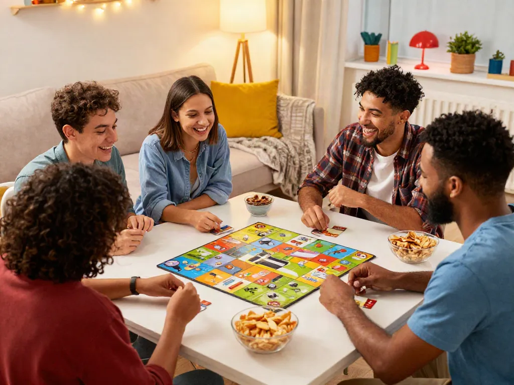 Akunjp game night scene with friends enjoying board games and snacks in a cozy living room.