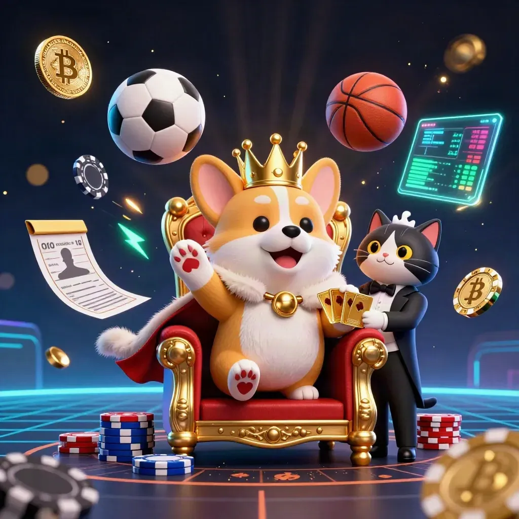 Crowned corgi and cat butler on poker chips amid neon coins, balls, and casino sparks.