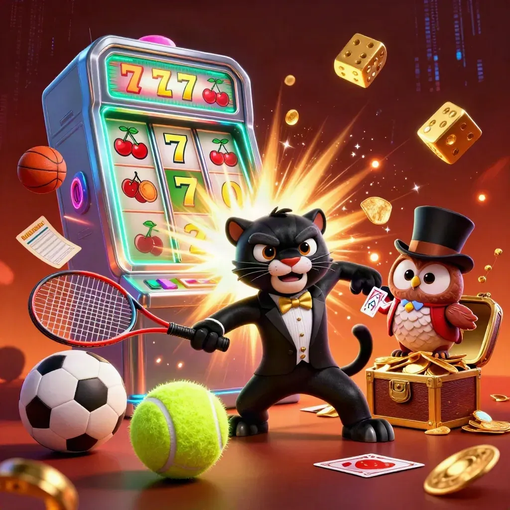 Panther, owl and mouse amid slot burst, flying sports gear, chips and neon casino lights
