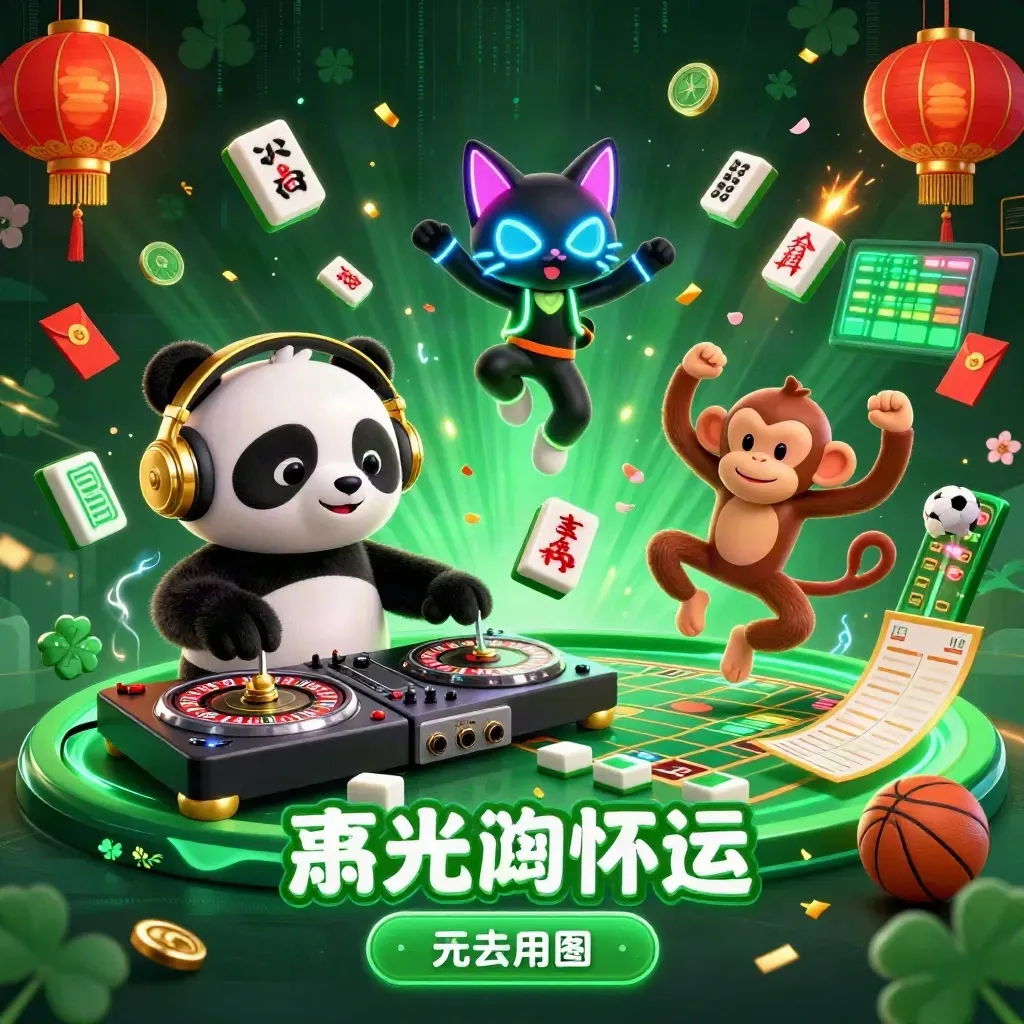 Panda DJ, breakdancing monkey, and rave kitten amid casino neon and lucky symbols.