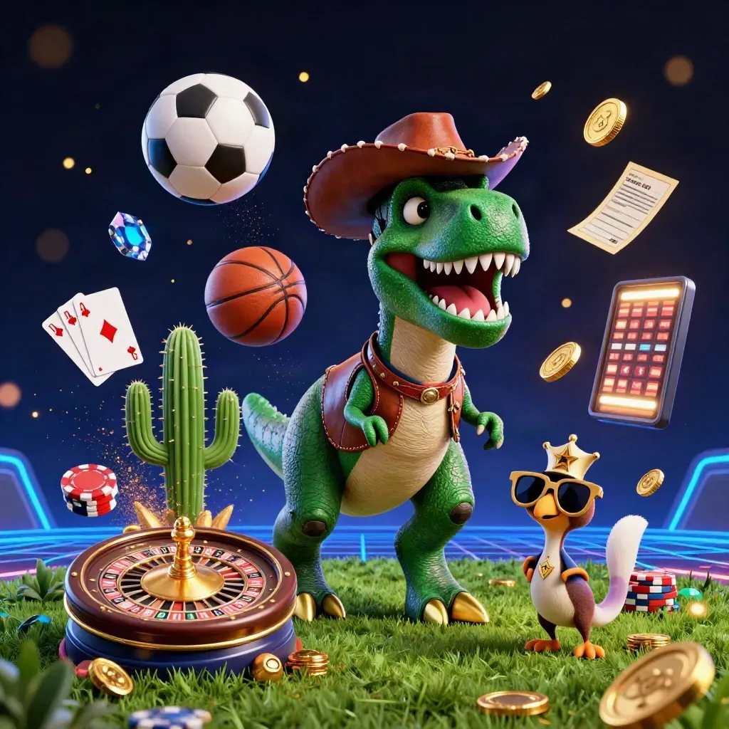 Cowboy T-Rex, cactus and roadrunner amid casino neon, flying coins, chips, balls and god-rays