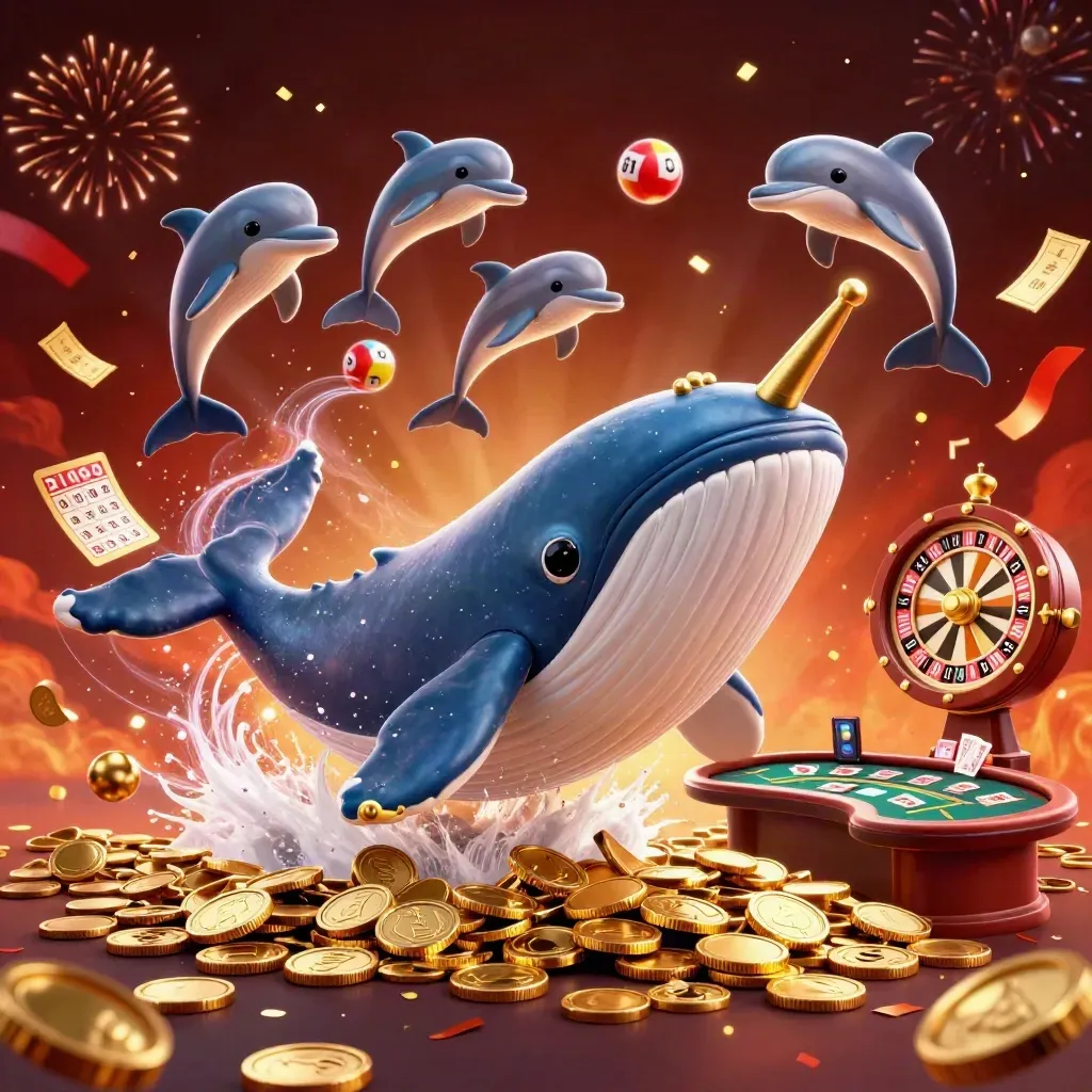 Whale, narwhal, and dolphins amid casino treasures, firelight, and neon effects.