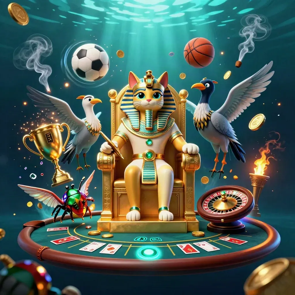 Pharaoh cat, ibis scribe, scarabs, sports balls, roulette wheel, luxe casino glow, underwater teal haze