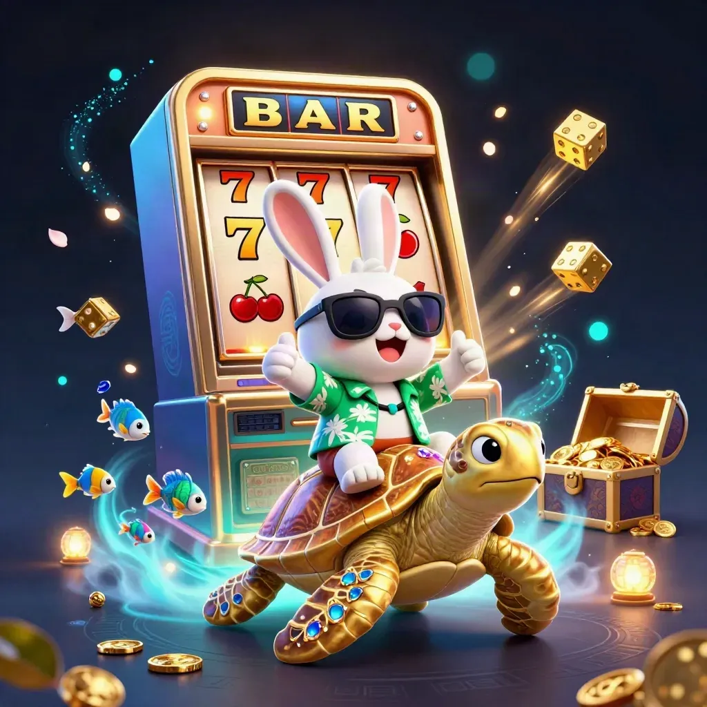 Lucky rabbit rides gem-shell sea turtle amid jackpot burst, gold, dice, and neon casino effects