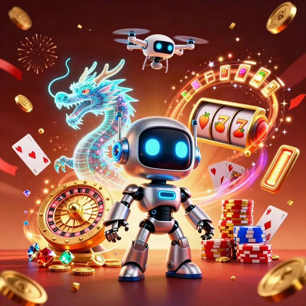 Cyberpunk robot, holographic dragon and coin drone burst through casino loot in neon green glow.