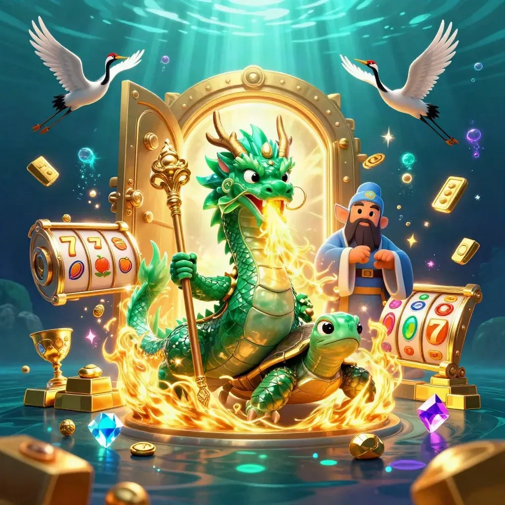 Emerald dragon, turtle sage, and ribboned cranes erupting from a golden treasure vault underwater.
