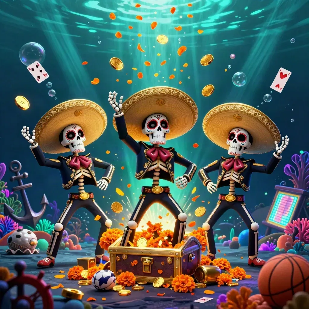 Skeleton mariachi trio in an underwater coin burst with neon casino glow
