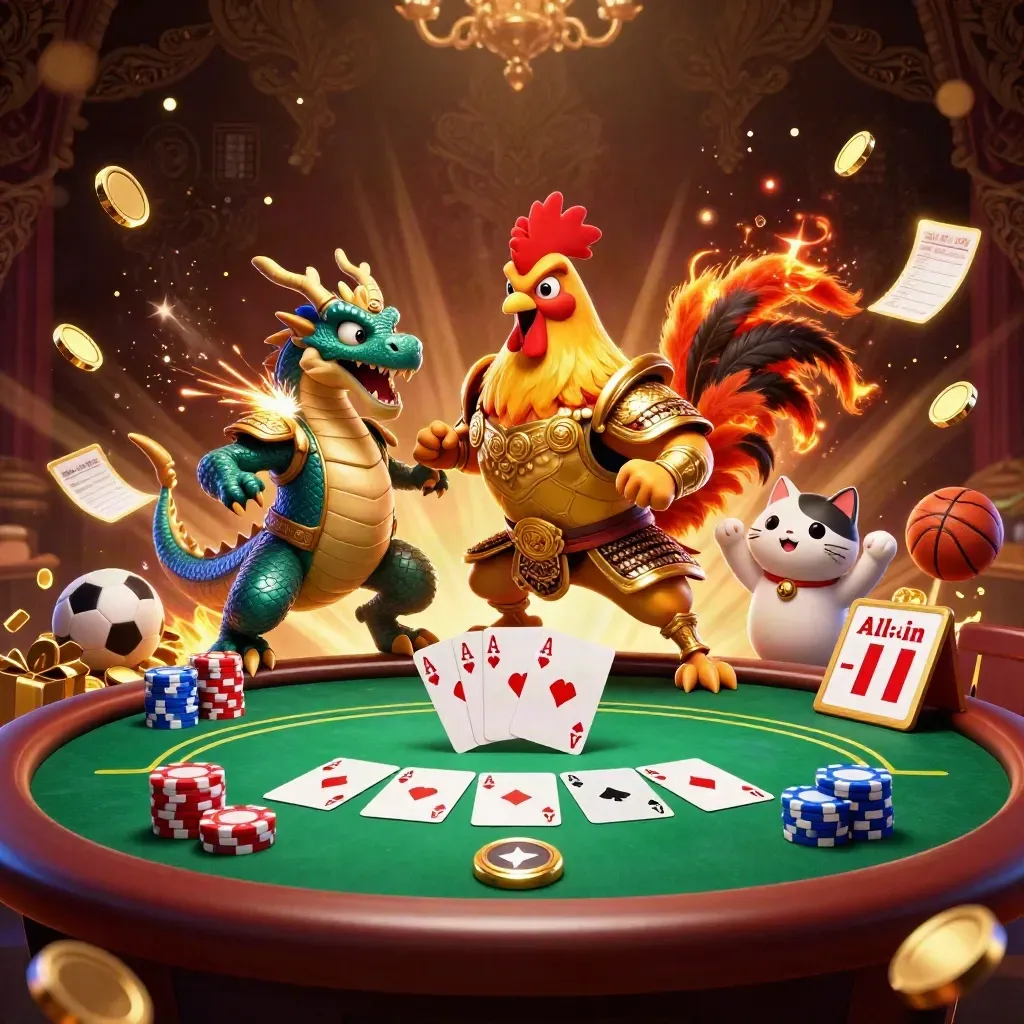 Rooster warrior, dragon hatchling, and fortune cat amid casino coins, chips, and fireworks.