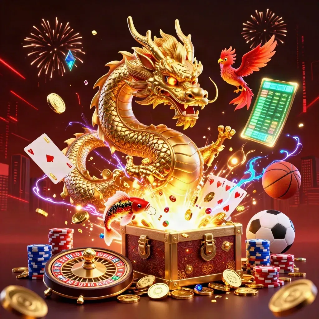 Golden dragon on treasure chest with phoenix, koi, coins, chips, roulette, and neon casino burst