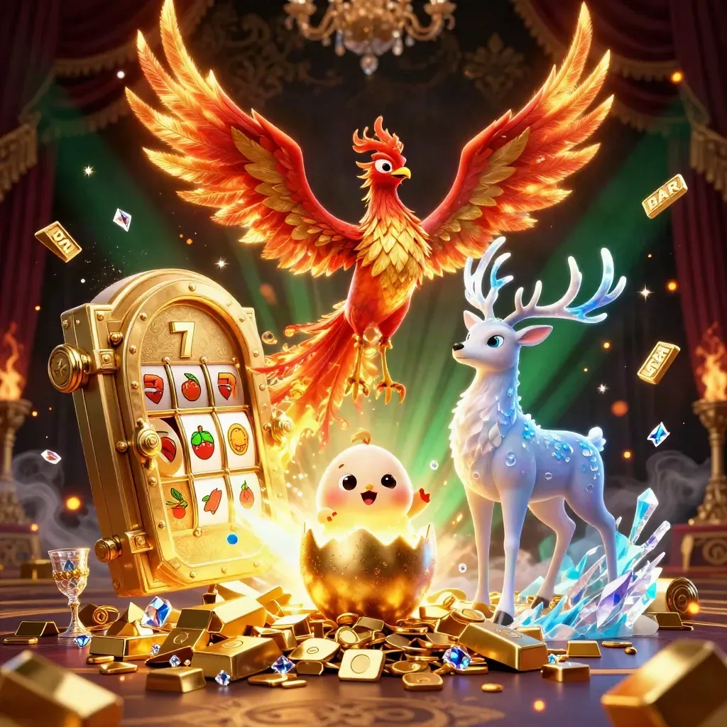 Fire phoenix, baby phoenix, and crystal-antler stag amid gold vault loot and neon casino glow.