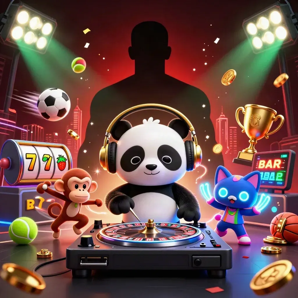 DJ panda, monkey, and glow-stick kitten amid casino reels and sports balls