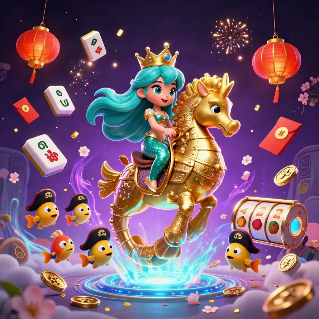 Mermaid princess rides a golden seahorse amid casino treasures in neon purple and green.