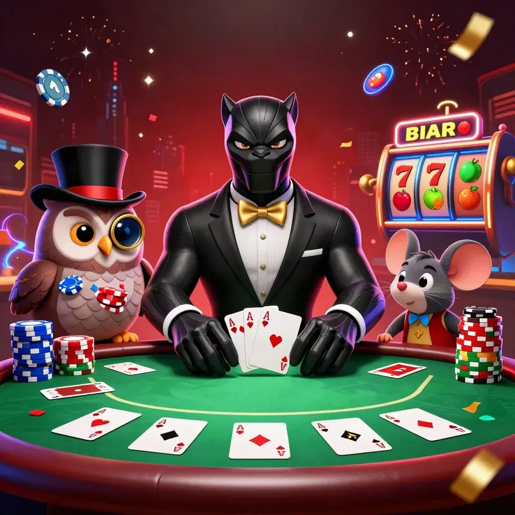 Panther, owl, and mouse casino heroes amid chips, cards, reels, and neon effects.