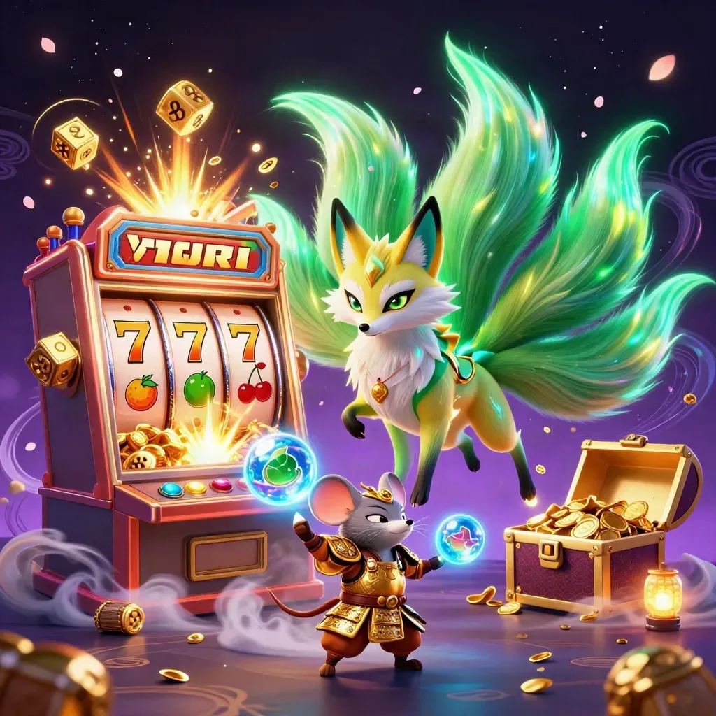 Nine-tailed fox spirit and gold-armored mouse amid slot reels, gold, and blue casino magic