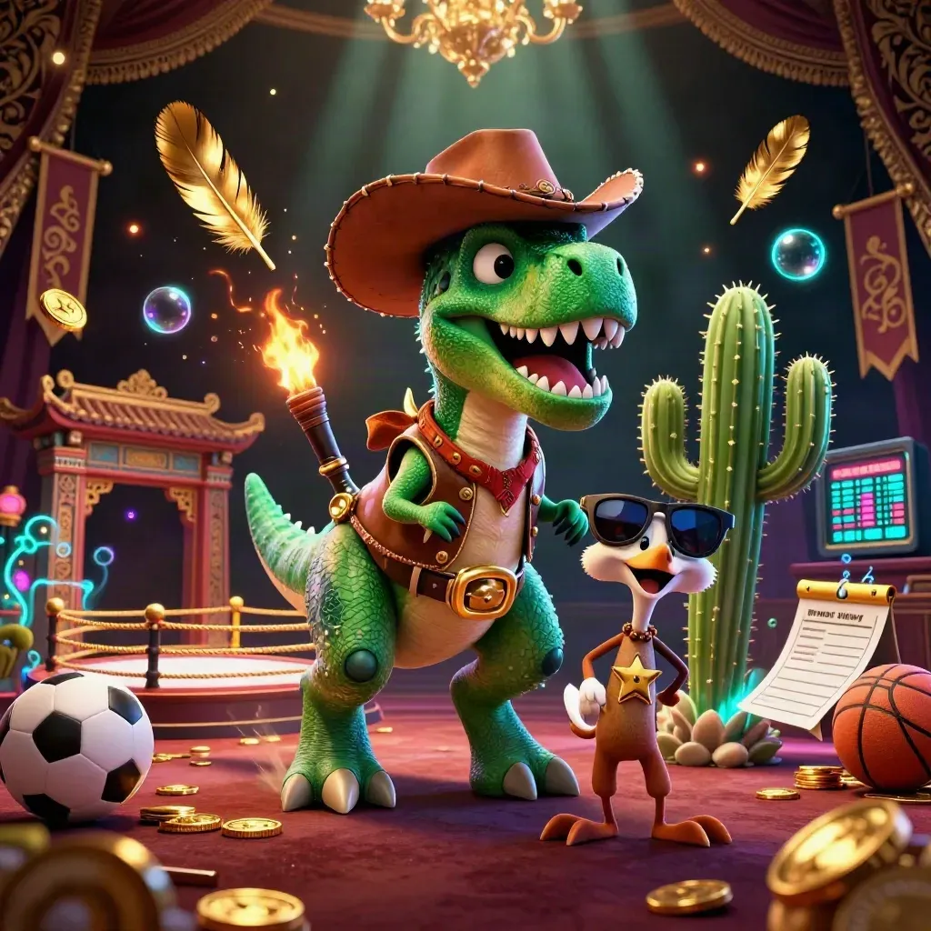 3D cowboy T-Rex, cactus sidekick, and roadrunner in neon casino key art