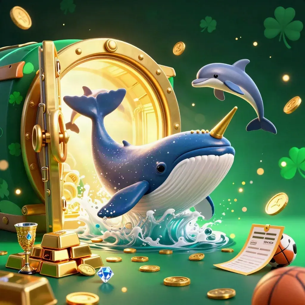 Whale captain, narwhal, and dolphins amid coins, gold, gems, and a glowing vault in neon casino light.