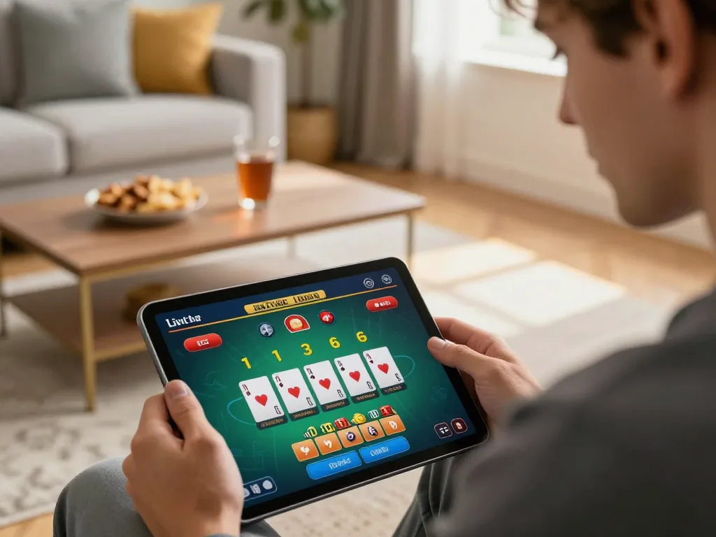 KADAL778 player enjoying strategic blackjack on a tablet in a cozy home setting