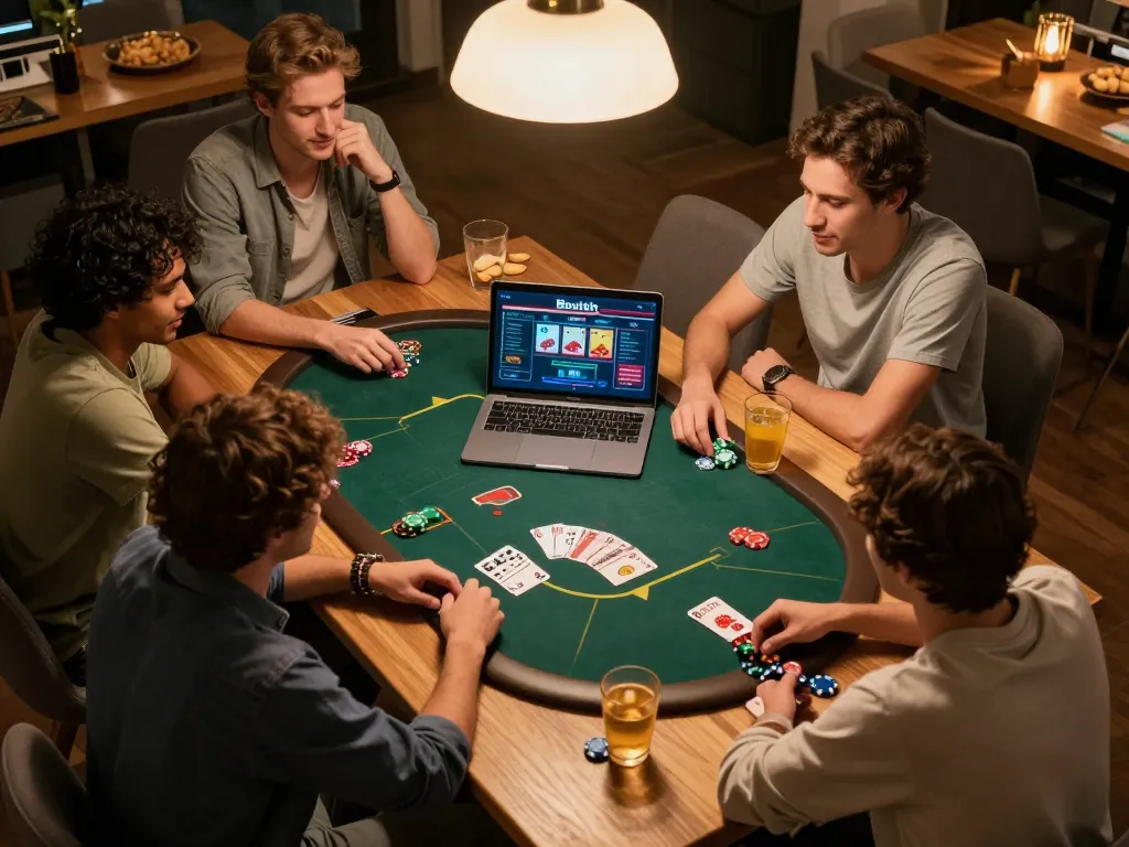 Engaged players enjoying an online poker game at home with Boutiq Switch interface, showcasing a vibrant and social gaming atmosphere.