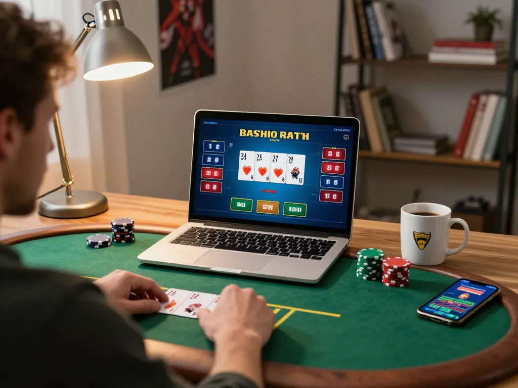 Engaging in online poker gameplay at RR88 with focused strategy and vibrant screen display.