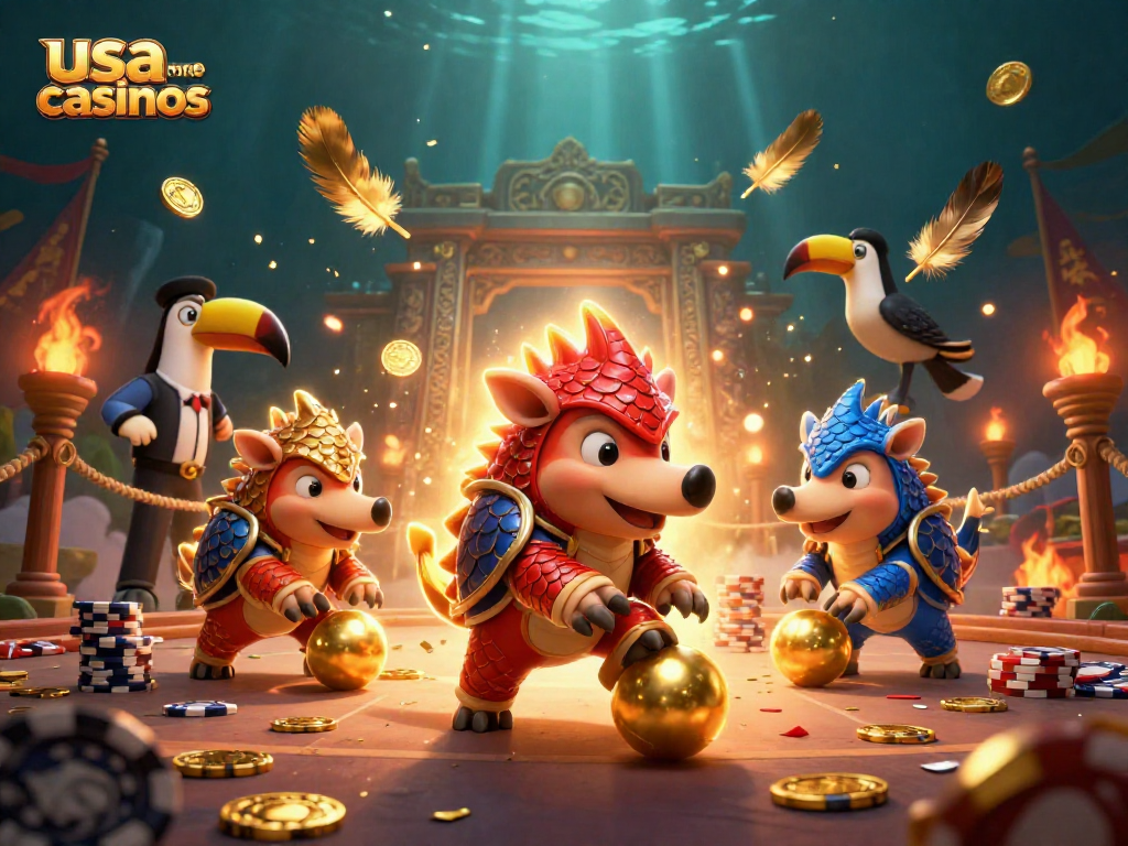 Experience the thrill of usa online casinos with dynamic pangolins bowling through poker chips in a vibrant casino scene.