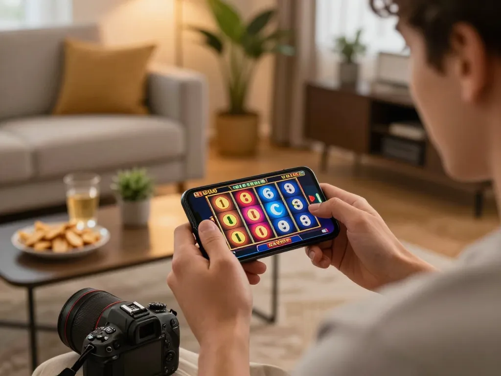 Play thrilling slot games with LGOSUPER on your smartphone in a cozy home setting.