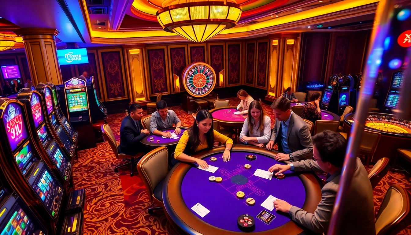Experience high-stakes excitement at a thrilling XX88 video casino, showcasing poker games and vibrant machines.