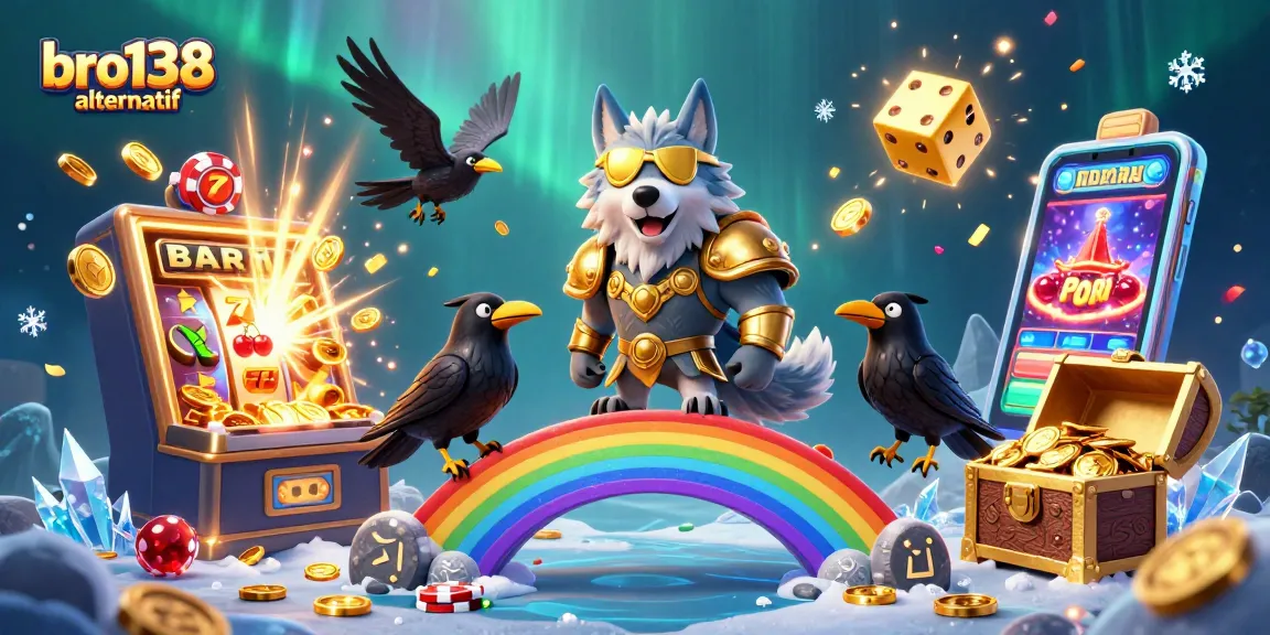 Bermain di platform bro138 alternatif dengan Odin dan raven dalam ilustrasi kasino yang menarik dan penuh warna.