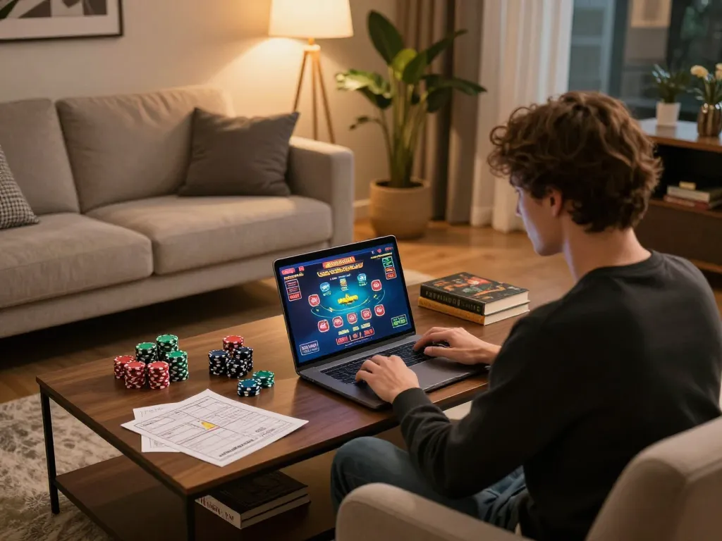 Player enjoying RR88 online casino games from a cozy living room setting, emphasizing responsible gaming