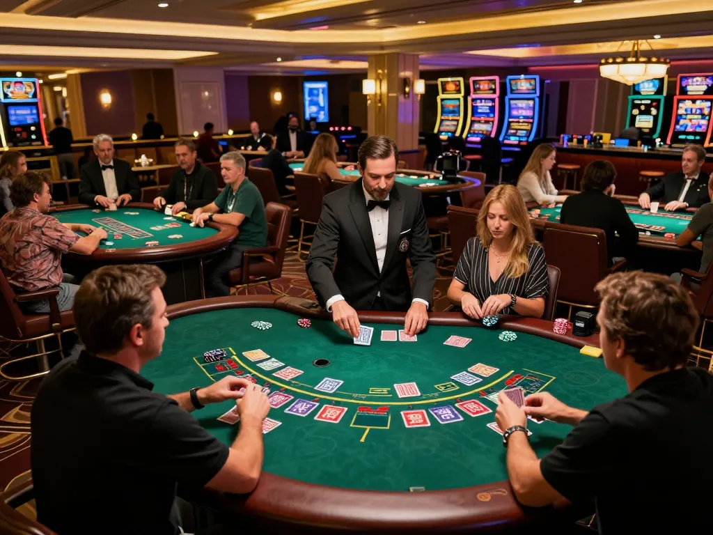 Players enjoying blackjack at MM 88 casino, strategic gameplay in a lively atmosphere.
