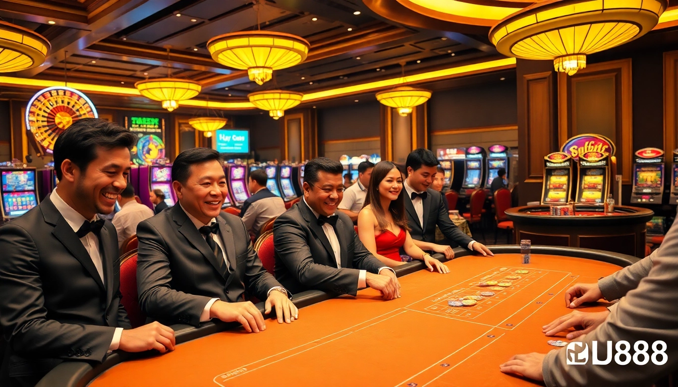 Players enjoying intense games at LU88's luxurious casino, showcasing vibrant tables and slot machines.