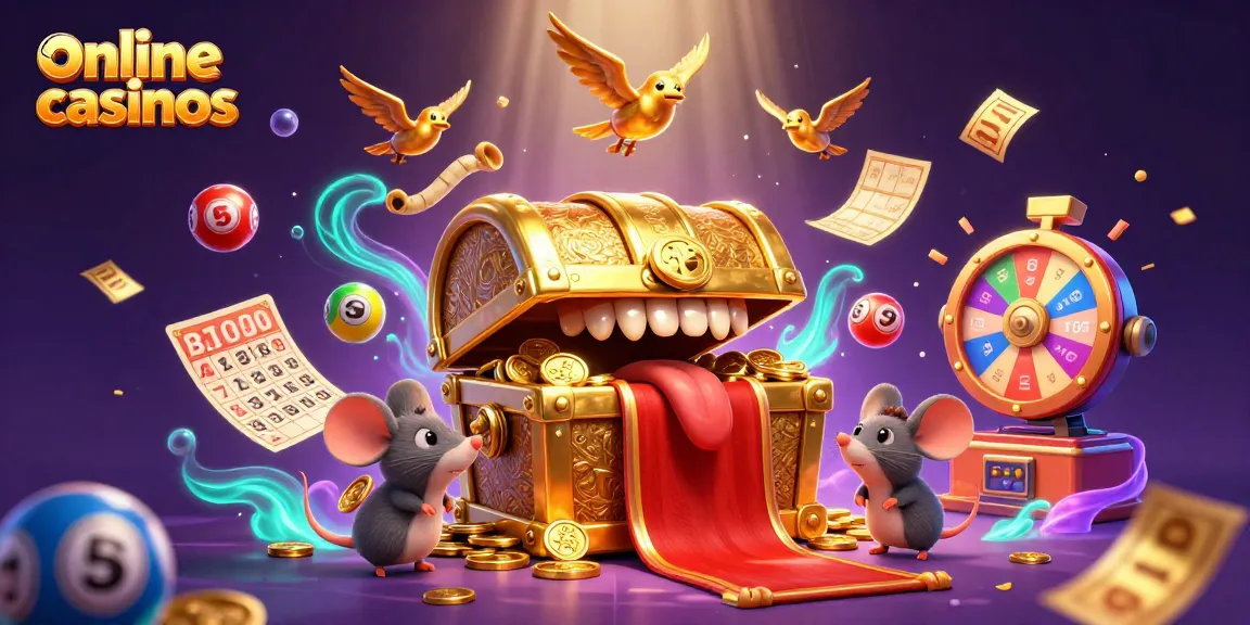 Engaging scene depicting online casinos with animated lottery elements and golden treasure chest enticing adventurer mice.