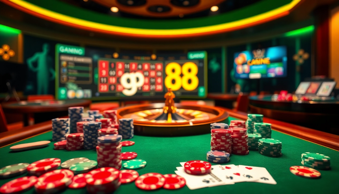 Experience the thrill of casino gaming as you tải game go88 with vibrant poker chips and cards.