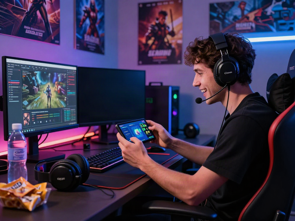 Engaged gamer using the ORION88 mobile app in a vibrant gaming setup, showcasing a modern Android experience.