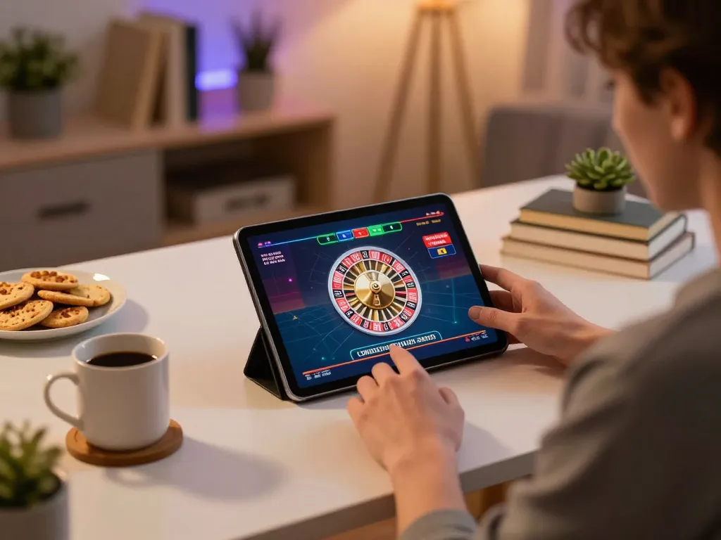 Pemain berinteraksi dengan platform kasino online di tablet untuk permainan strategis di oursinado