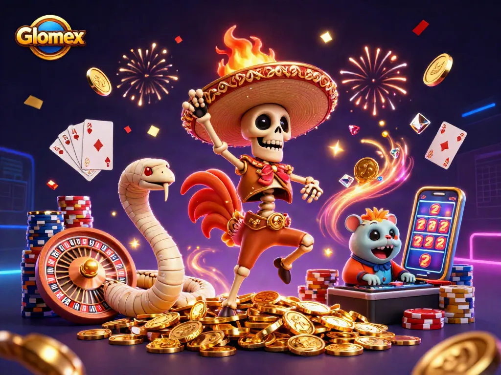Glomex showcases thrilling casino excitement with a victory dance among golden coins and festive elements.