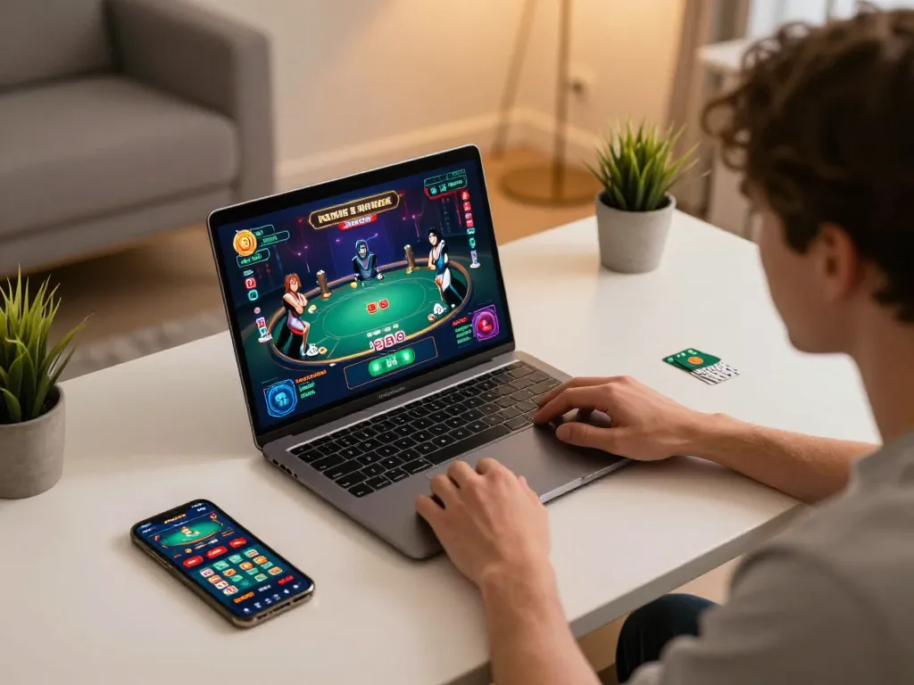 Player engaged in a poker game on 888newcasino com, showcasing strategic gameplay and technology.