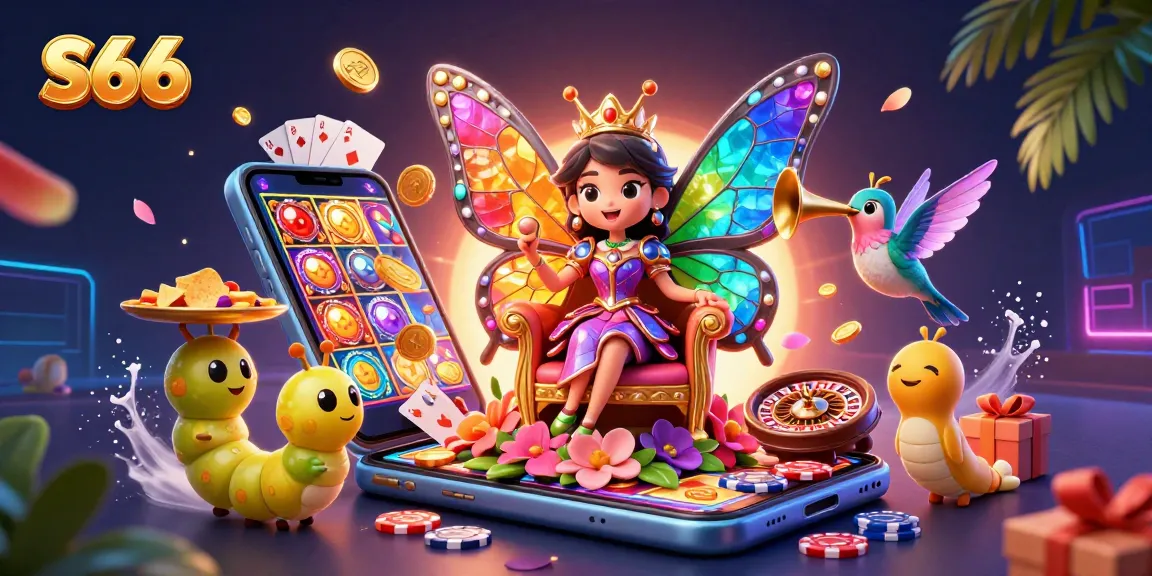 S66 players winning slots on a vibrant casino-themed scene with colorful butterflies and fun elements.