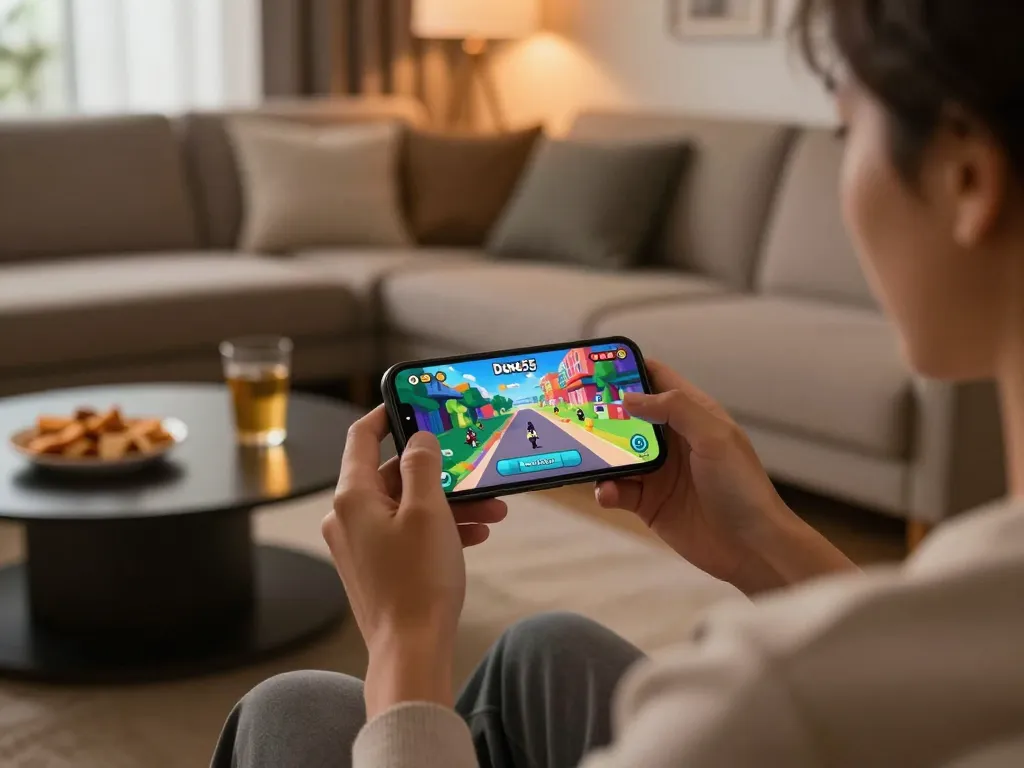 Engaging in the Done55 game app on smartphone while enjoying snacks at home