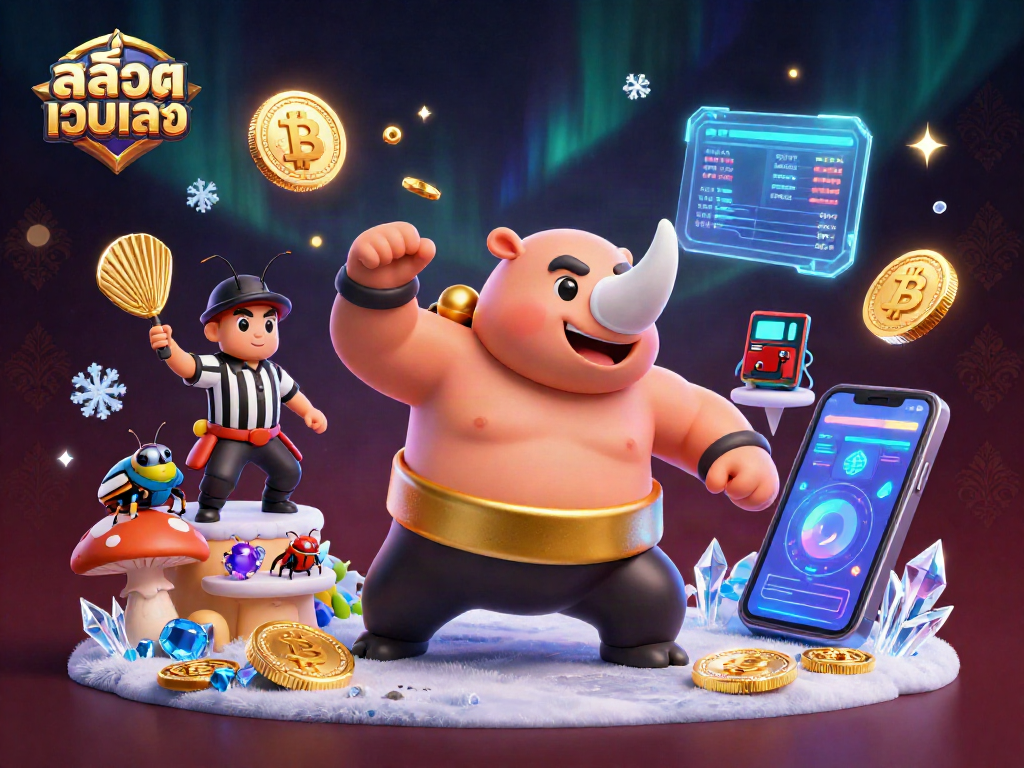 Experience the thrill of สล็อตเว็บตรง with a sumo beetle champion, gold coins, and crypto elements in a vibrant casino scene.